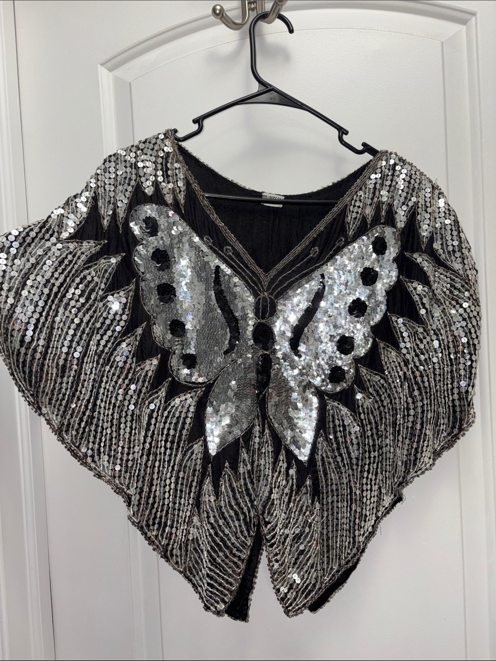 Vintage Silk Black Sheer Sequin Butterfly Poncho Top Beaded Batwing Festival - Picture 3 of 8